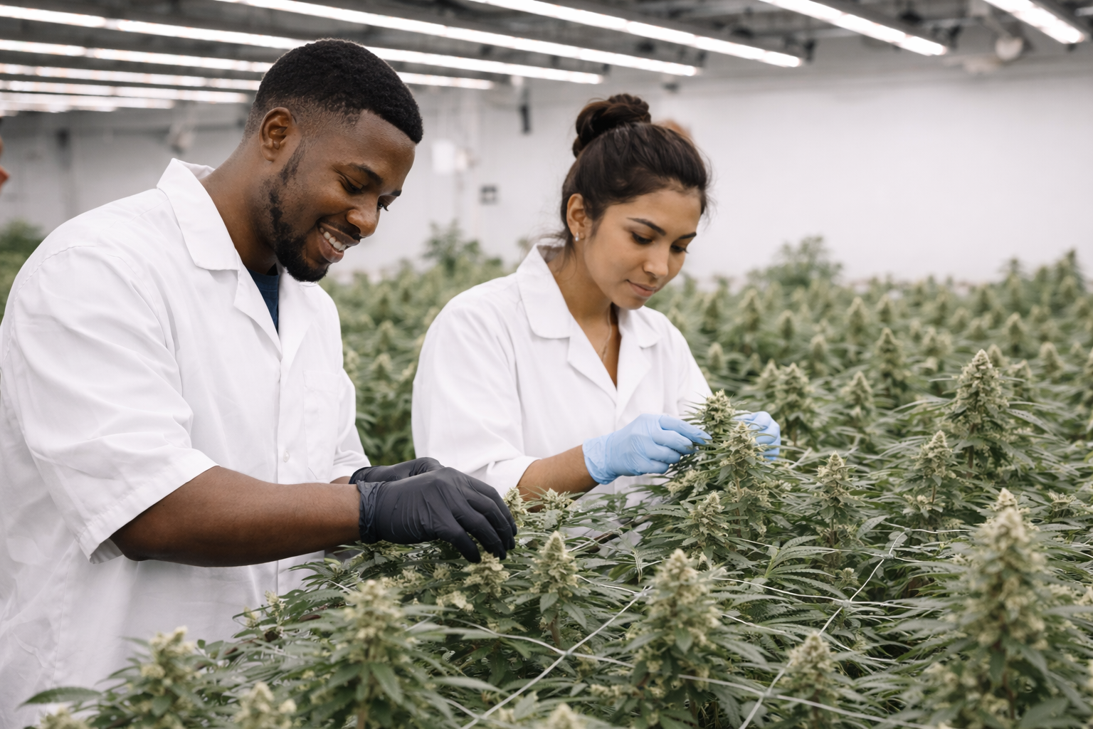 Professional scientists inspecting cannabis plants in cultivation facility